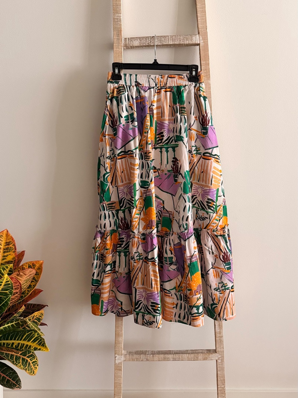 Abstract Tiered Maxi Skirt in Cream with Green & Purple Accents